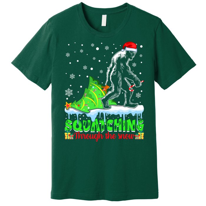 Bigfoot Christmas Tree Squatching Through The Snow Premium T-Shirt