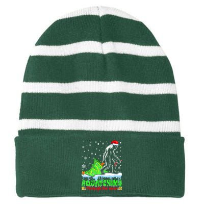 Bigfoot Christmas Tree Squatching Through The Snow Striped Beanie with Solid Band