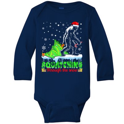 Bigfoot Christmas Tree Squatching Through The Snow Baby Long Sleeve Bodysuit