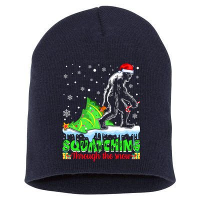 Bigfoot Christmas Tree Squatching Through The Snow Short Acrylic Beanie