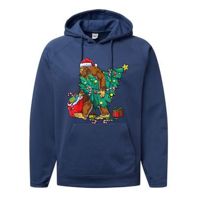 Bigfoot Christmas Tree Lights Xmas Sasquatch Lovers Performance Fleece Hoodie