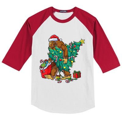 Bigfoot Christmas Tree Lights Xmas Sasquatch Lovers Kids Colorblock Raglan Jersey