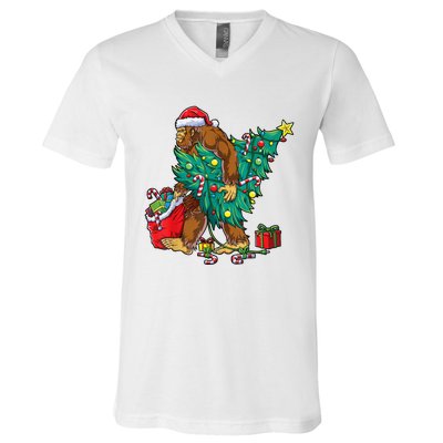 Bigfoot Christmas Tree Lights Xmas Sasquatch Lovers V-Neck T-Shirt