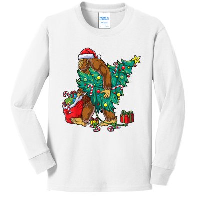 Bigfoot Christmas Tree Lights Xmas Sasquatch Lovers Kids Long Sleeve Shirt