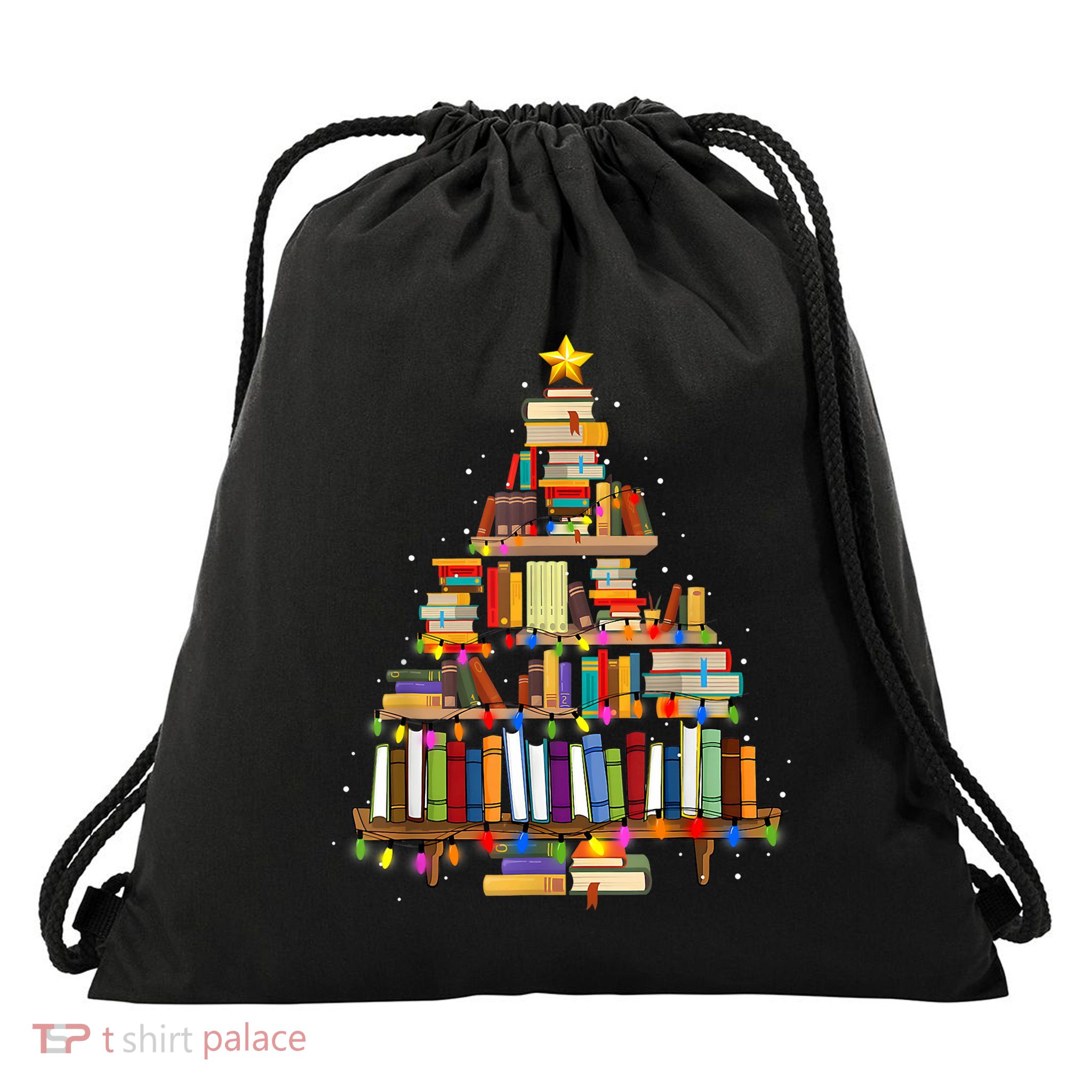 Book Christmas Tree Lights Teacher Librarian Read Lover Xmas Drawstring Bag