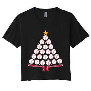 Baseball Christmas Tree Funny Xmas Baseball Player Sports Women's Crop Top Tee