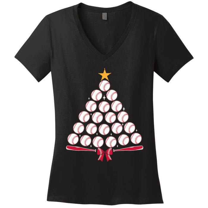 Baseball Christmas Tree Funny Xmas Baseball Player Sports Women's V-Neck T-Shirt