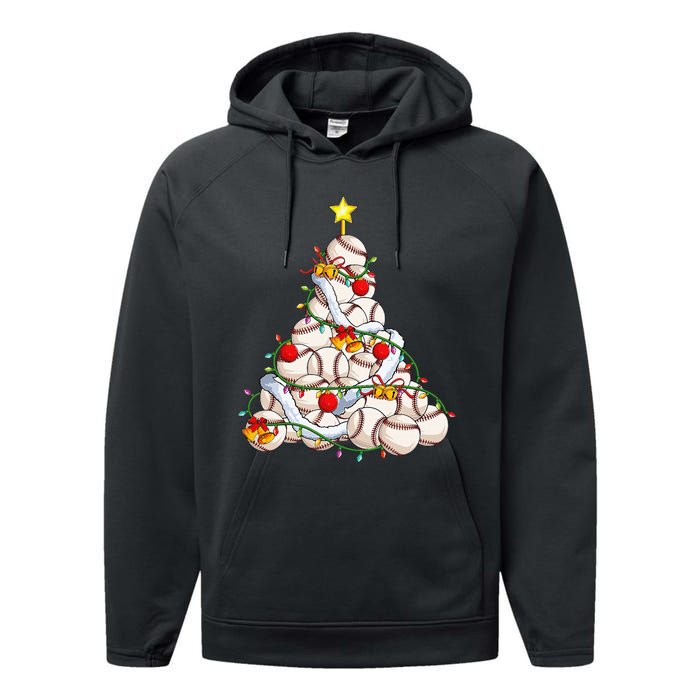 Baseball Christmas Tree Holiday PJs for Players & Coaches Performance Fleece Hoodie