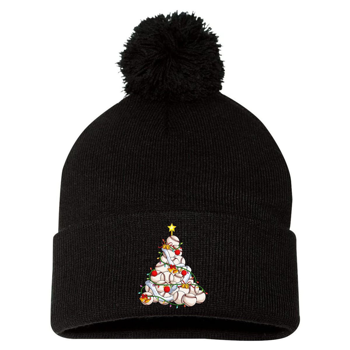 Baseball Christmas Tree Holiday PJs for Players & Coaches Pom Pom 12in Knit Beanie