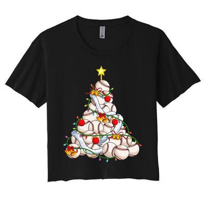 Baseball Christmas Tree Holiday PJs for Players & Coaches Women's Crop Top Tee