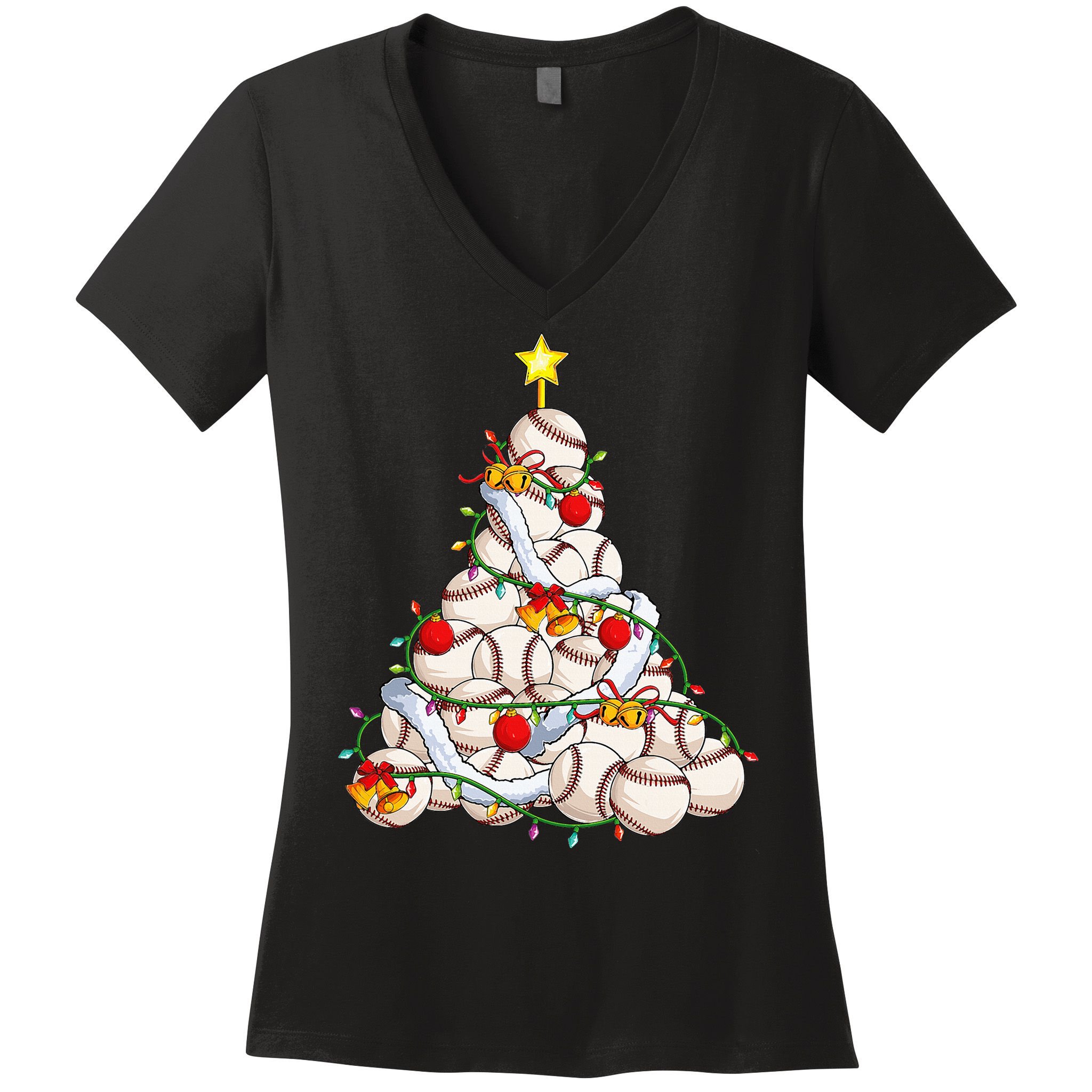 Baseball Christmas Tree Holiday PJs for Players & Coaches Women's V-Neck T-Shirt