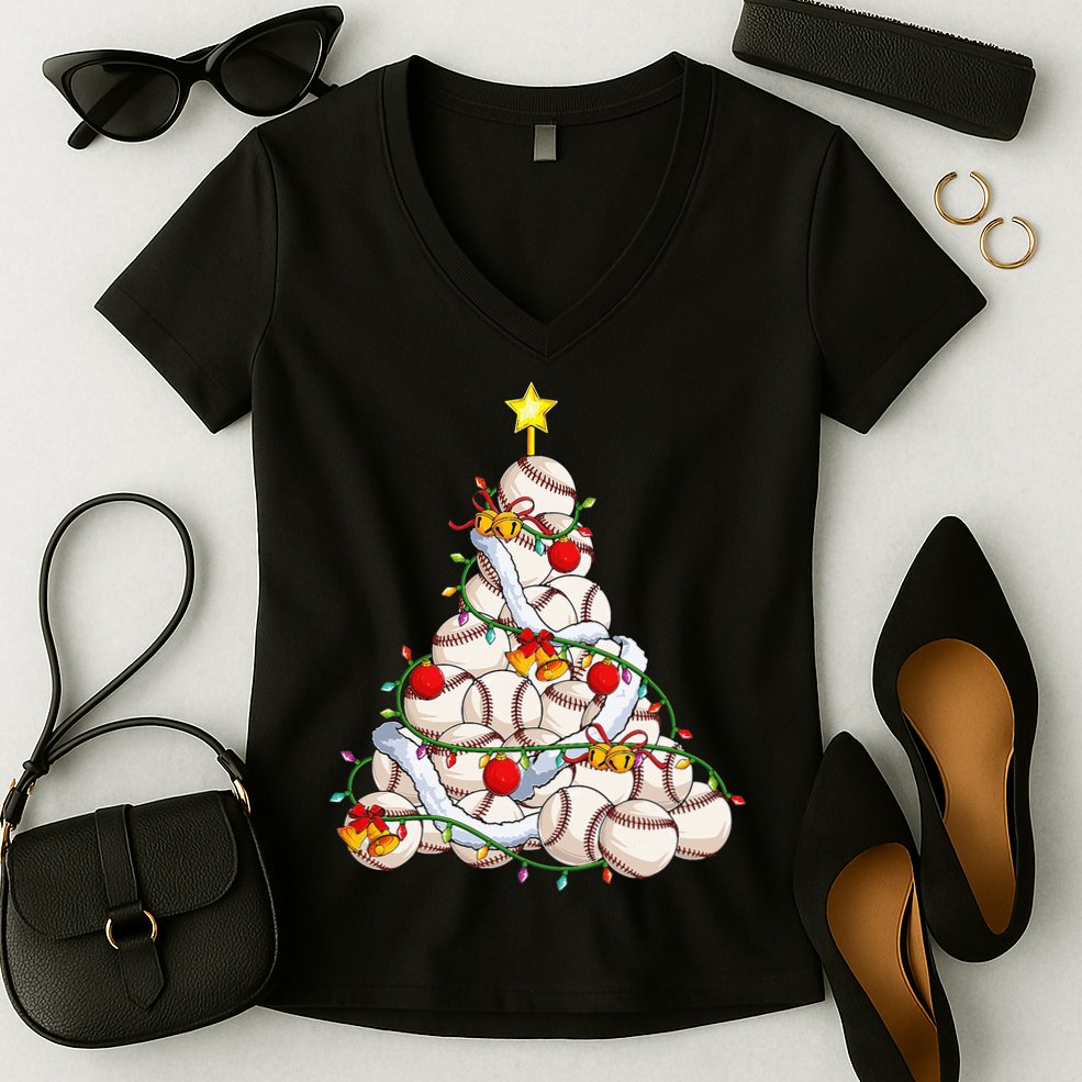 Baseball Christmas Tree Holiday PJs for Players & Coaches Women's V-Neck T-Shirt