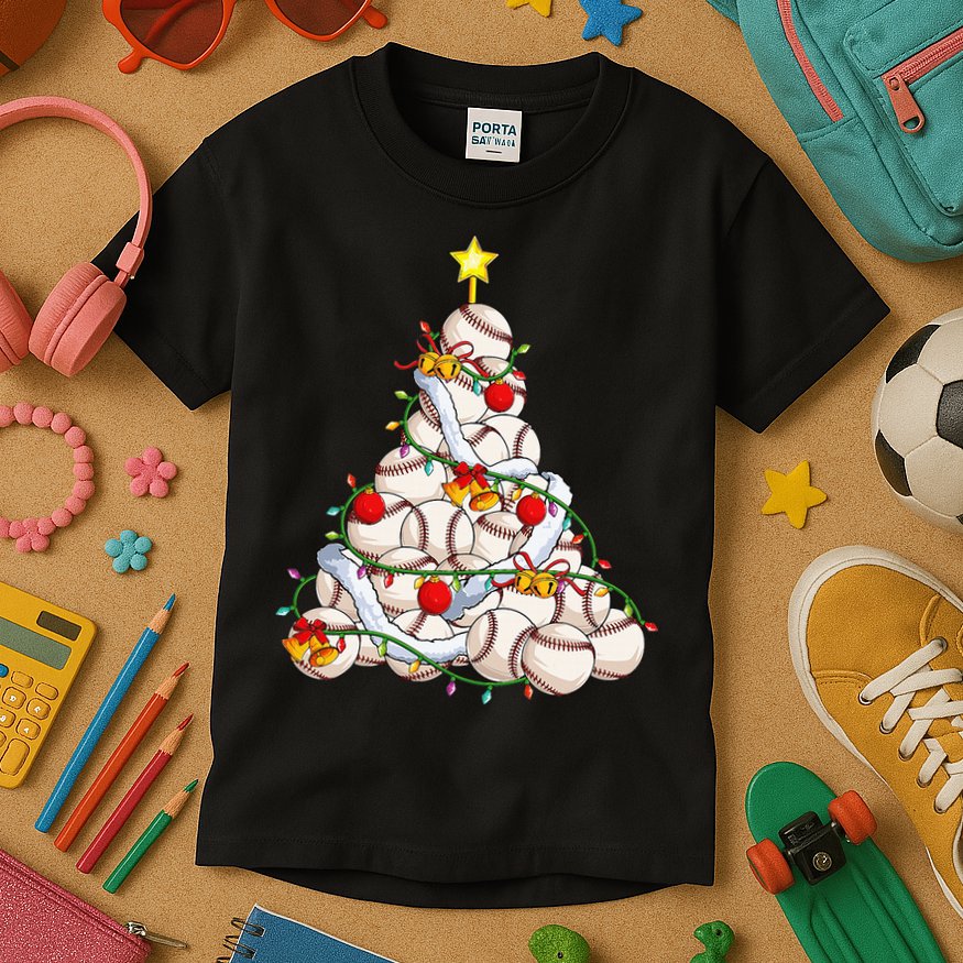 Baseball Christmas Tree Holiday PJs for Players & Coaches Kids T-Shirt
