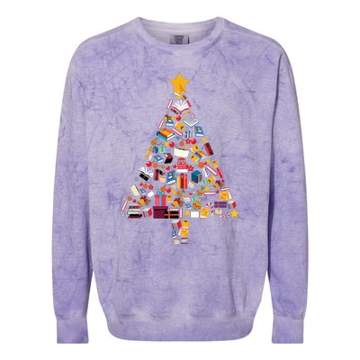 Books Christmas Tree Reading Club Librarian Library Xmas Colorblast Crewneck Sweatshirt