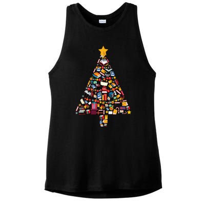 Books Christmas Tree Reading Club Librarian Library Xmas Ladies PosiCharge Tri-Blend Wicking Tank