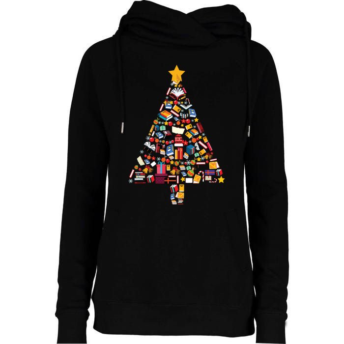 Books Christmas Tree Reading Club Librarian Library Xmas Womens Funnel Neck Pullover Hood