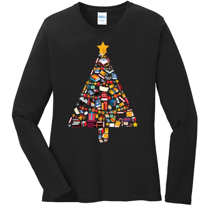 Books Christmas Tree Reading Club Librarian Library Xmas Ladies Long Sleeve Shirt