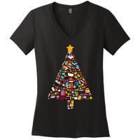 Books Christmas Tree Reading Club Librarian Library Xmas Women's V-Neck T-Shirt