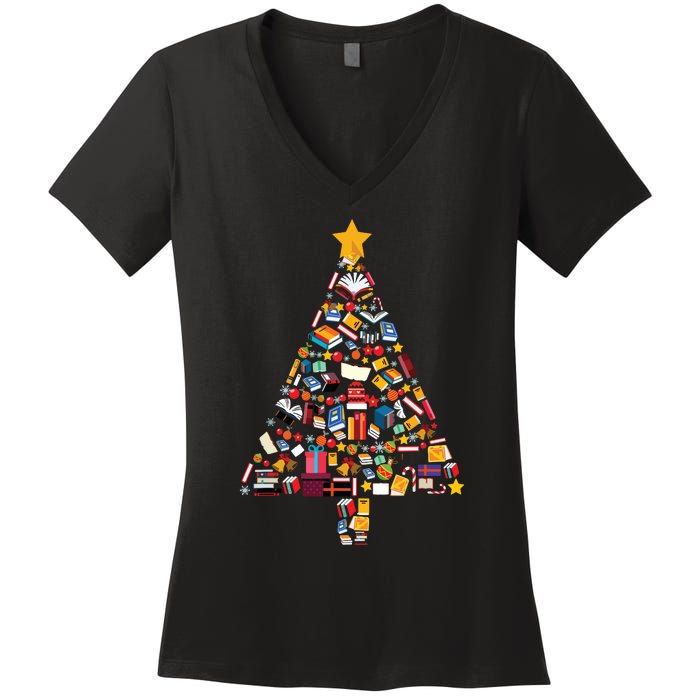 Books Christmas Tree Reading Club Librarian Library Xmas Women's V-Neck T-Shirt