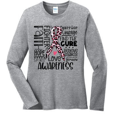 Breast Cancer Typography Pink Ribbon Breast Cancer Awareness Cool Gift Ladies Long Sleeve Shirt