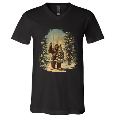 Bigfoot Christmas Tree Lights Tarot Xmas Sasquatch V-Neck T-Shirt