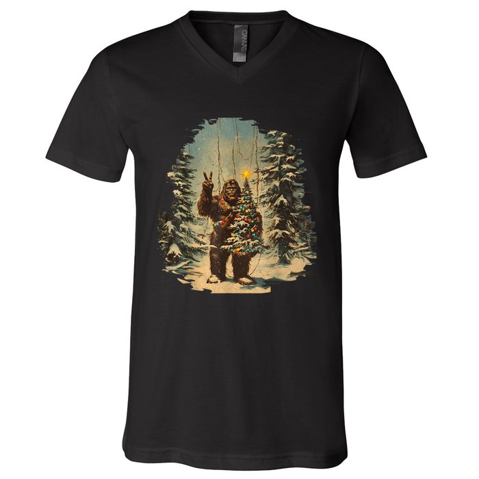 Bigfoot Christmas Tree Lights Tarot Xmas Sasquatch V-Neck T-Shirt