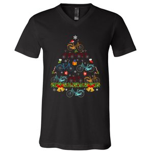 Bicycle Christmas Tree Santa Hat Lights Sweater Xmas Long Sleeve V-Neck T-Shirt