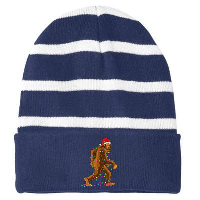 Bigfoot Christmas Tree Lights Xmas Funny Sasquatch Lovers Striped Beanie with Solid Band