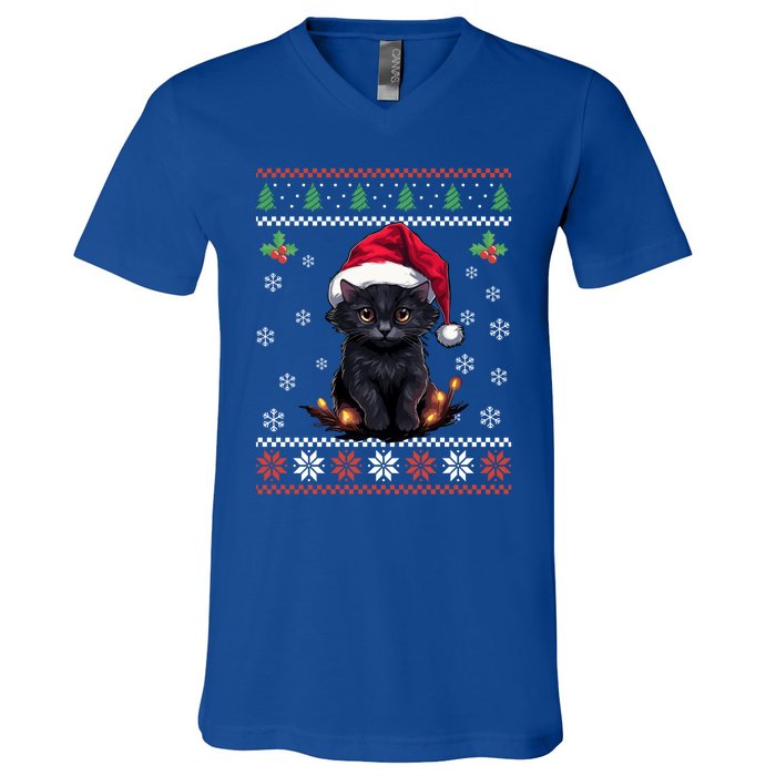 Black Cat Ugly Christmas Sweater Xmas Kitten For Adults Cool Gift V-Neck T-Shirt