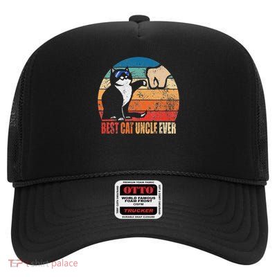 Best Cat Uncle Ever Funny Cat Sunglasses Fist Bump Retro High Crown Mesh Back Trucker Hat