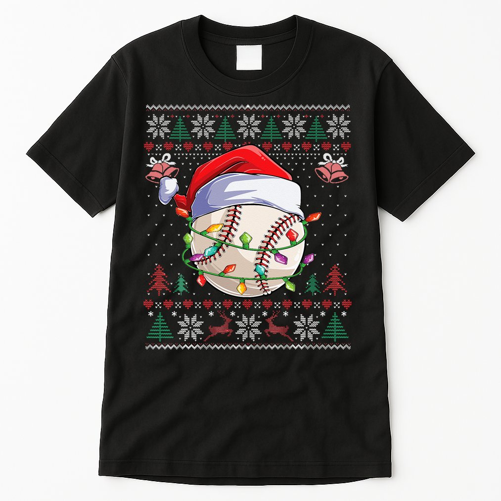 Baseball Christmas Ugly Sweater Funny Santa Sport Men Kids Tall T-Shirt