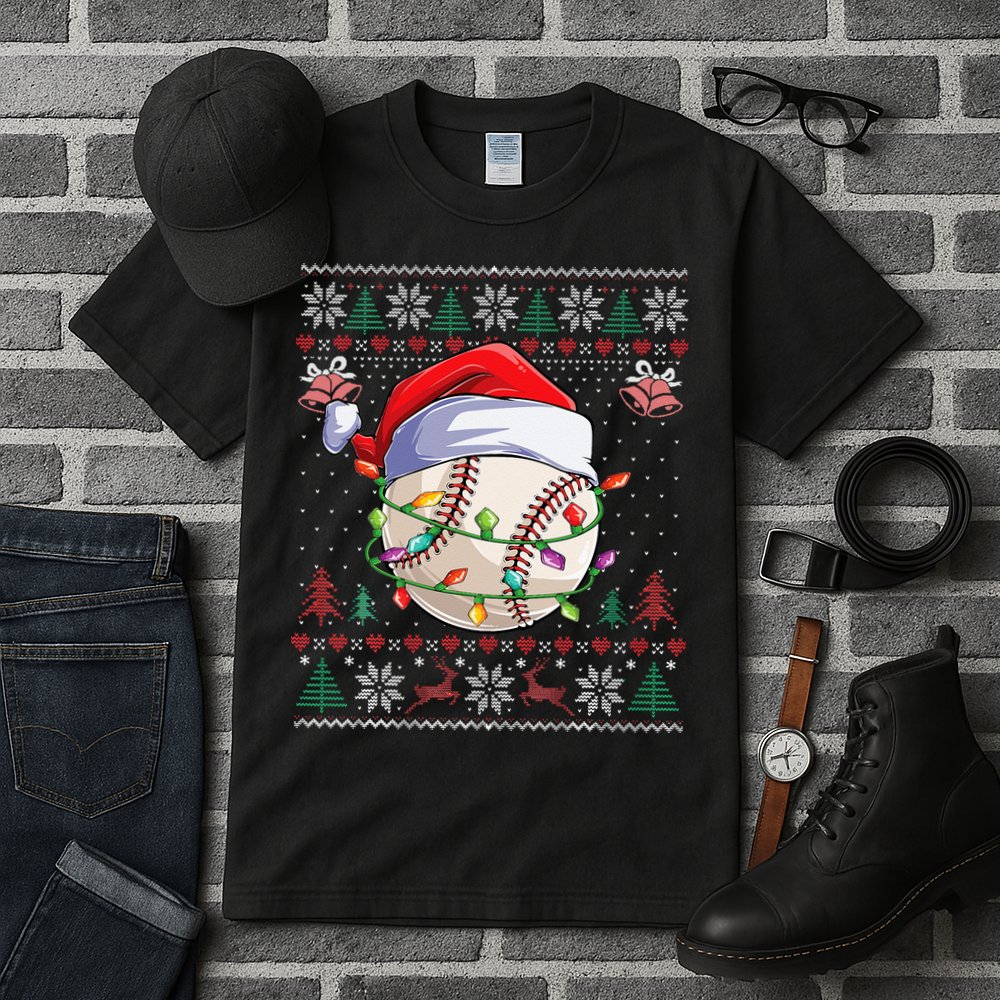 Baseball Christmas Ugly Sweater Funny Santa Sport Men Kids Tall T-Shirt