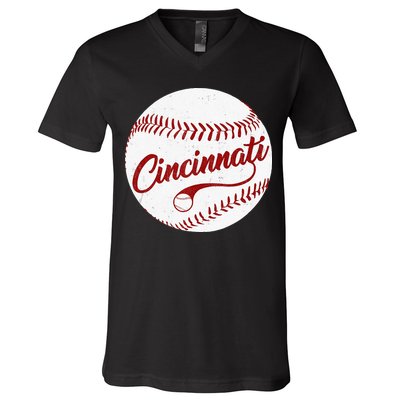 Baseball Cincinnati Vintage Ball Red Seam National Pastime V-Neck T-Shirt