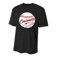 Baseball Cincinnati Vintage Ball Red Seam National Pastime Youth Performance Sprint T-Shirt