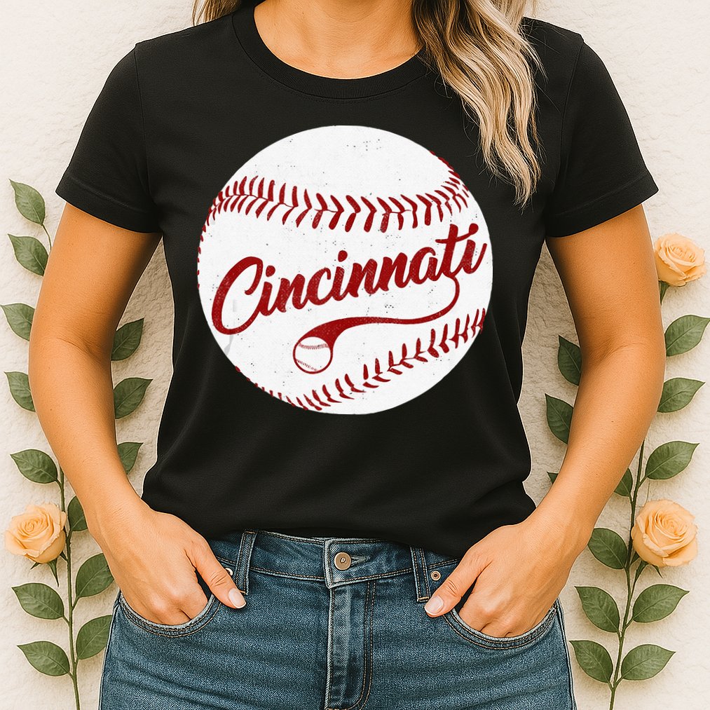 Baseball Cincinnati Vintage Ball Red Seam National Pastime Womens T-Shirt
