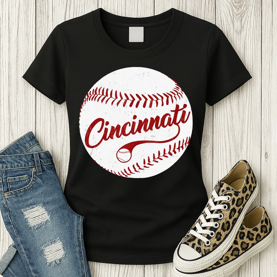 Baseball Cincinnati Vintage Ball Red Seam National Pastime Womens T-Shirt