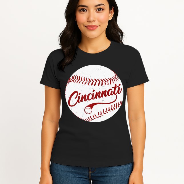 Baseball Cincinnati Vintage Ball Red Seam National Pastime Womens T-Shirt