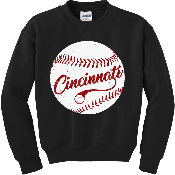 Baseball Cincinnati Vintage Ball Red Seam National Pastime Kids Sweatshirt