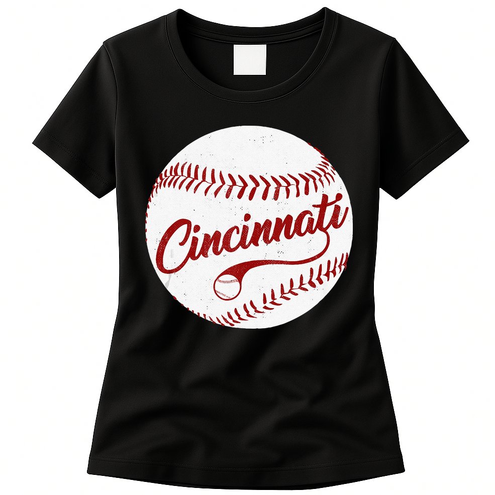Baseball Cincinnati Vintage Ball Red Seam National Pastime Womens T-Shirt
