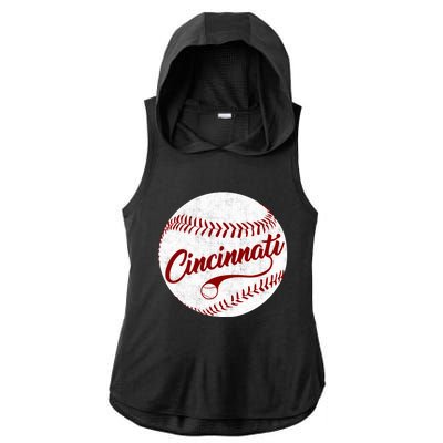 Baseball Cincinnati Vintage Ball Red Seam National Pastime Ladies PosiCharge Tri-Blend Wicking Draft Hoodie Tank