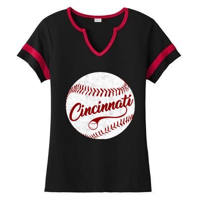 Baseball Cincinnati Vintage Ball Red Seam National Pastime Ladies Halftime Notch Neck Tee