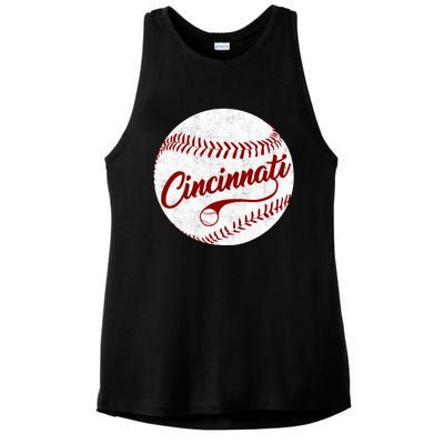 Baseball Cincinnati Vintage Ball Red Seam National Pastime Ladies PosiCharge Tri-Blend Wicking Tank