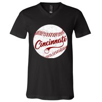 Baseball Cincinnati Vintage Ball Red Seam National Pastime V-Neck T-Shirt