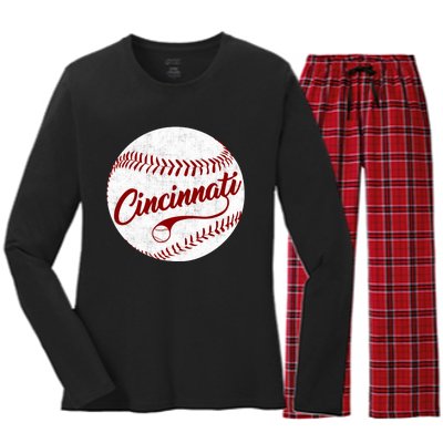 Baseball Cincinnati Vintage Ball Red Seam National Pastime Women's Long Sleeve Flannel Pajama Set 