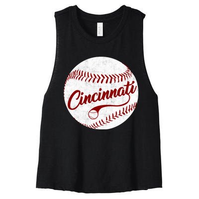 Baseball Cincinnati Vintage Ball Red Seam National Pastime Women's Racerback Cropped Tank