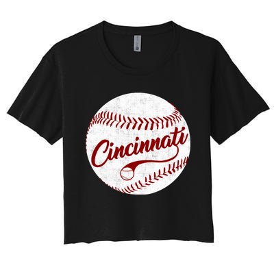 Baseball Cincinnati Vintage Ball Red Seam National Pastime Women's Crop Top Tee