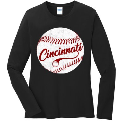 Baseball Cincinnati Vintage Ball Red Seam National Pastime Ladies Long Sleeve Shirt