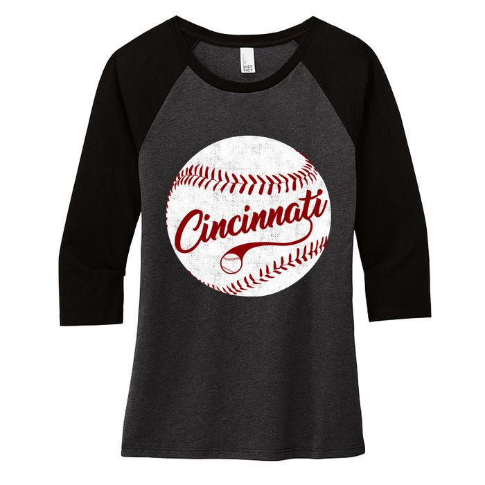 Baseball Cincinnati Vintage Ball Red Seam National Pastime Women's Tri-Blend 3/4-Sleeve Raglan Shirt