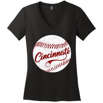 Baseball Cincinnati Vintage Ball Red Seam National Pastime Women's V-Neck T-Shirt