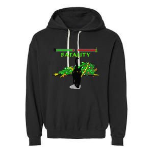 Black Cat Vs Christmas Tree Retro Video Fighting Game Funny Garment-Dyed Fleece Hoodie